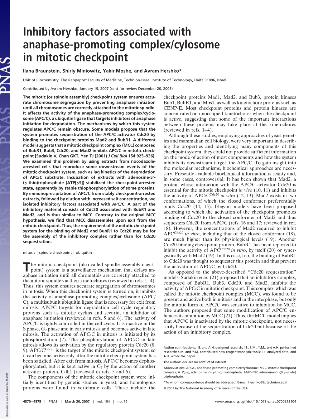 Inhibitory Factors Associated with Anaphase-Promoting Complex/Cylosome in Mitotic Checkpoint