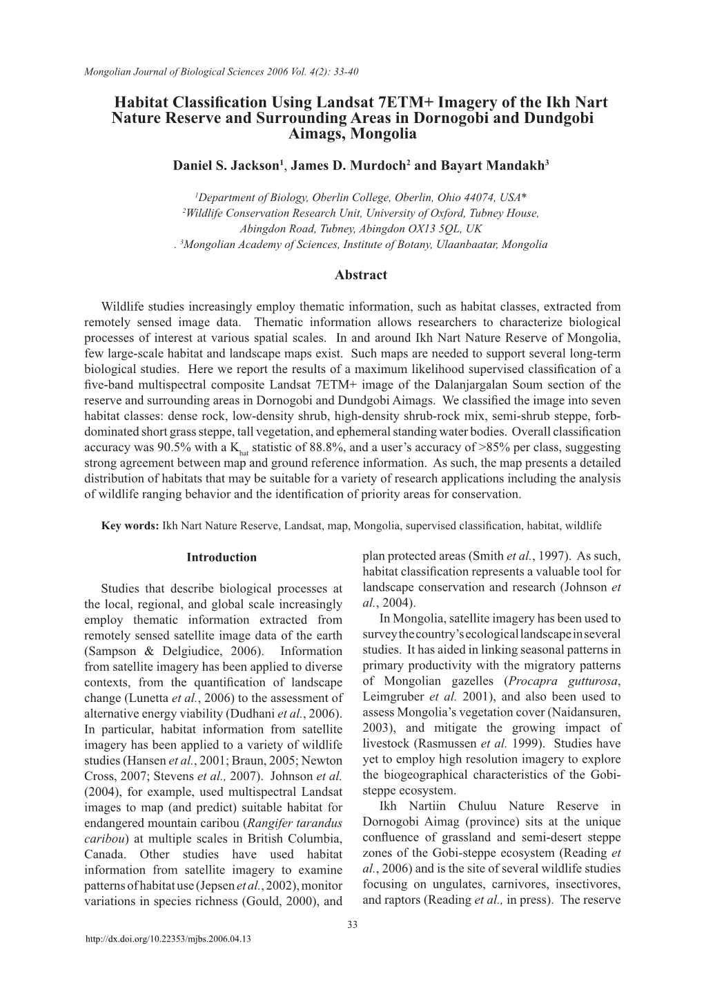 Habitat Classification Using Landsat 7ETM+ Imagery of the Ikh Nart