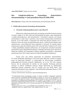 Idee Teologiczno-Polityczne Francuskiego Duchowieństwa Ultramontańskiego W Czasie Pontyfikatu Piusa IX (1846-1878)