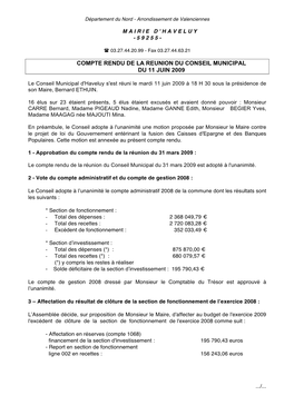 Compte Rendu De La Reunion Du Conseil Municipal Du 11 Juin 2009