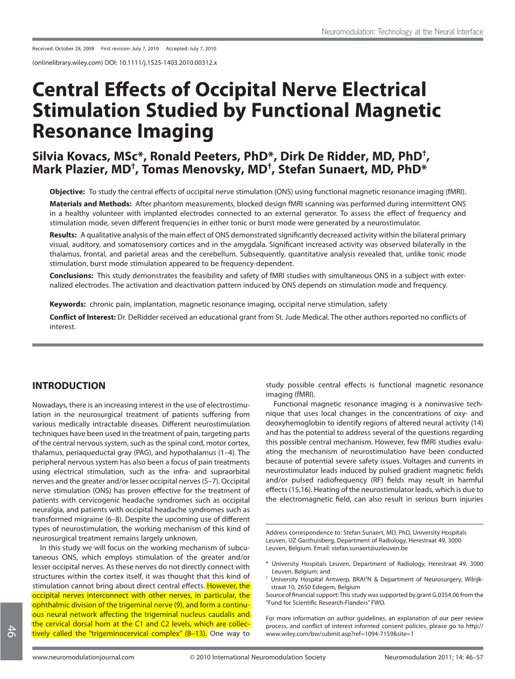 Central Effects of Occipital Nerve Electrical Stimulation Studied by Functional Magnetic Resonance Imaging