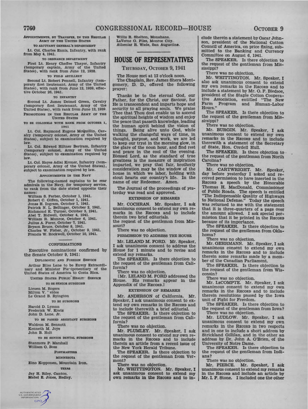 CONGRESSIONAL RECORD-HOUSE OCTOBER 9 APPOINTMENTS, by TRANSFER, in the REGULAR Willis R