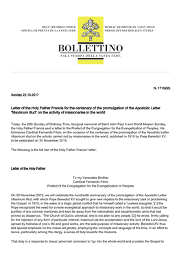 Letter of the Holy Father Francis for the Centenary of the Promulgation of the Apostolic Letter “Maximum Illud” on the Activity of Missionaries in the World