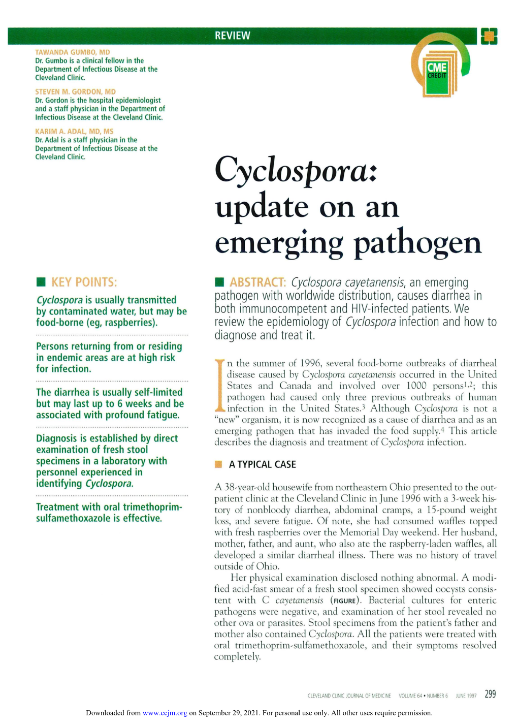 Cyclospora: Update on an Emerging Pathogen