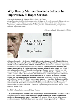 Why Beauty Matters/Perché La Bellezza Ha Importanza, Di Roger Scruton