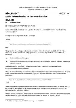 RÈGLEMENT 642.11.9.1 Sur La Détermination De La Valeur Locative (Rvloc) Du 11 Décembre 2000