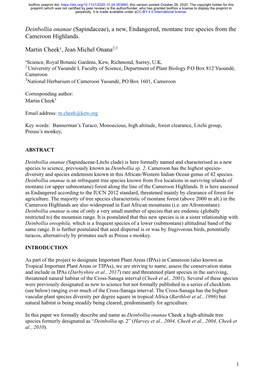 Deinbollia Onanae (Sapindaceae), a New, Endangered, Montane Tree Species from the Cameroon Highlands