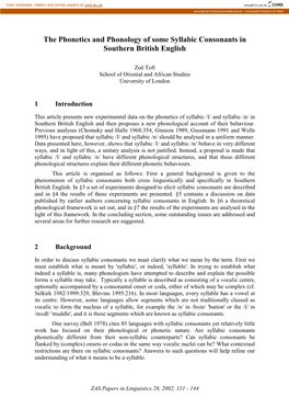 The Phonetics and Phonology of Some Syllabic Consonants in Southern British English