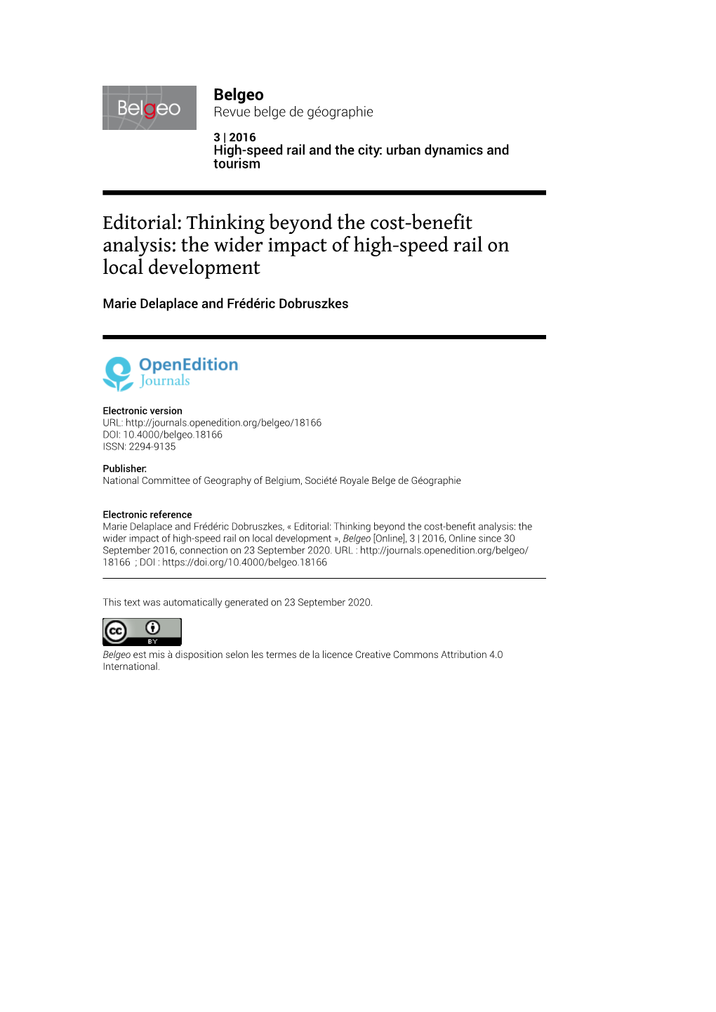 Editorial: Thinking Beyond the Cost-Benefit Analysis: the Wider Impact of High-Speed Rail on Local Development