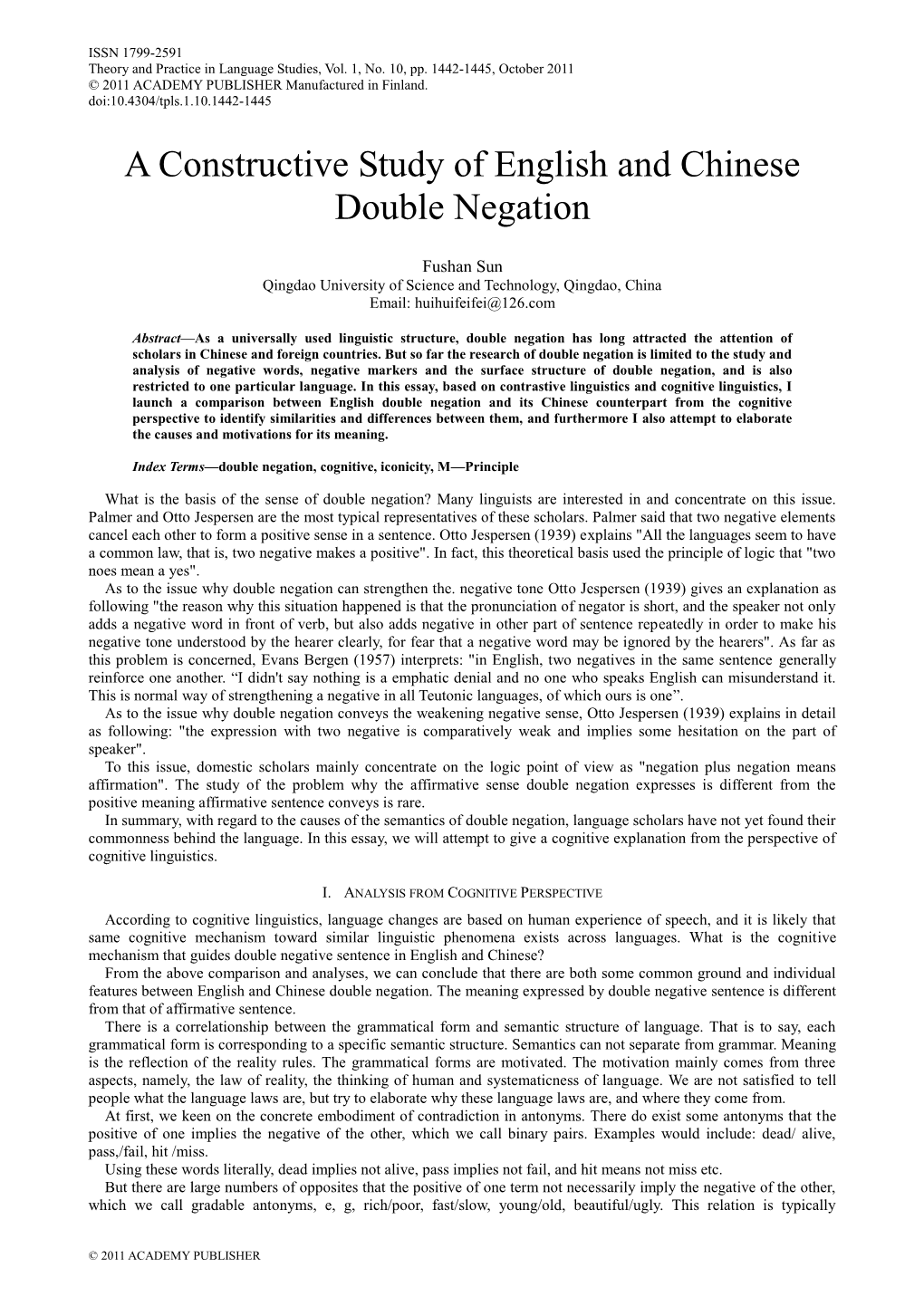 Cognitive Analysis of Double Negation