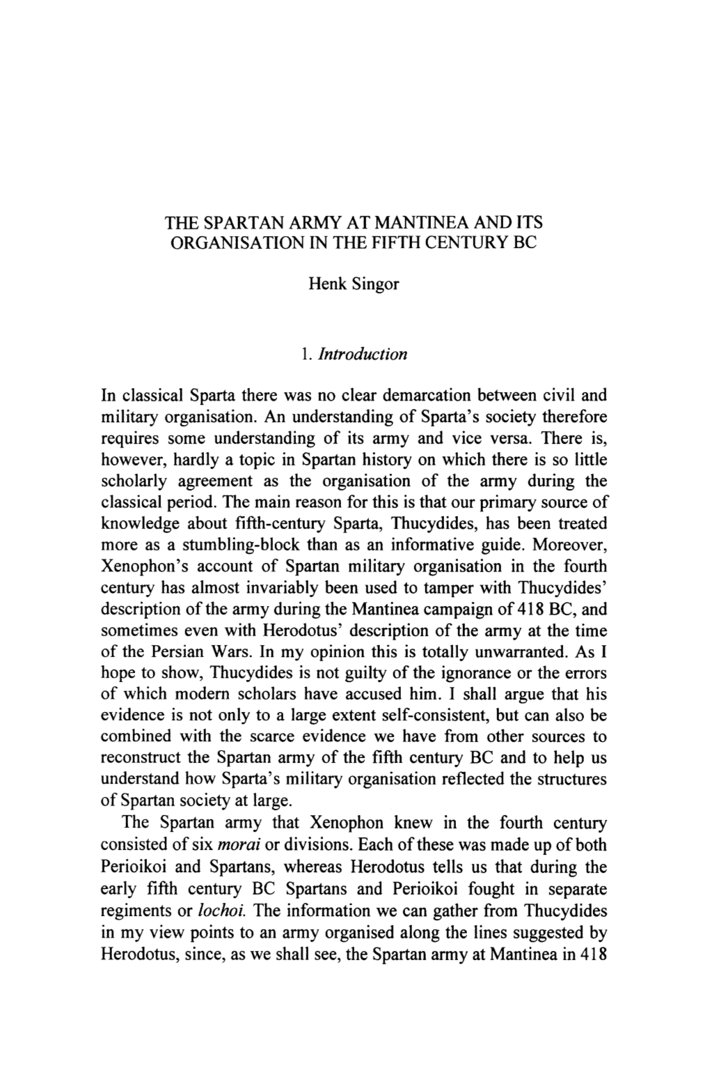 The Spartan Army at Mantinea and Its Organisation in the Fifth Century Bc