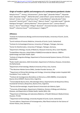 Origin of Modern Syphilis and Emergence of a Contemporary Pandemic Cluster Natasha Arora1,2*, Verena J