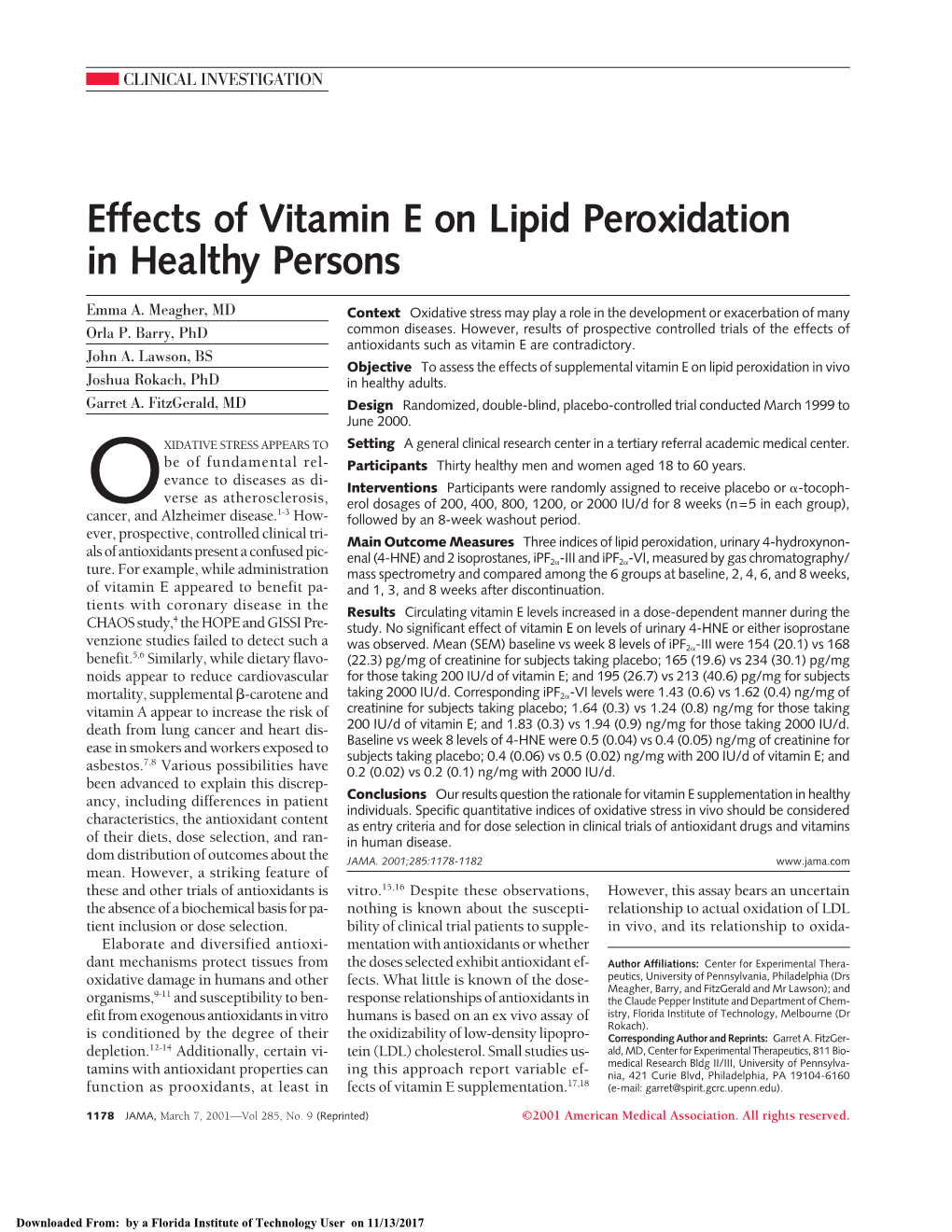 Effects of Vitamin E on Lipid Peroxidation in Healthy Persons