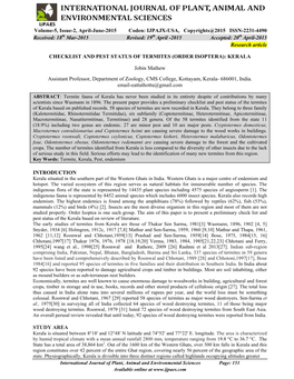 Checklist and Pest Status of Termites (Order Isoptera): Kerala