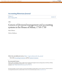 Genesis of Divisional Management and Accounting Systems in the House of Mitsui, 1710-1730 Sadao Taketera