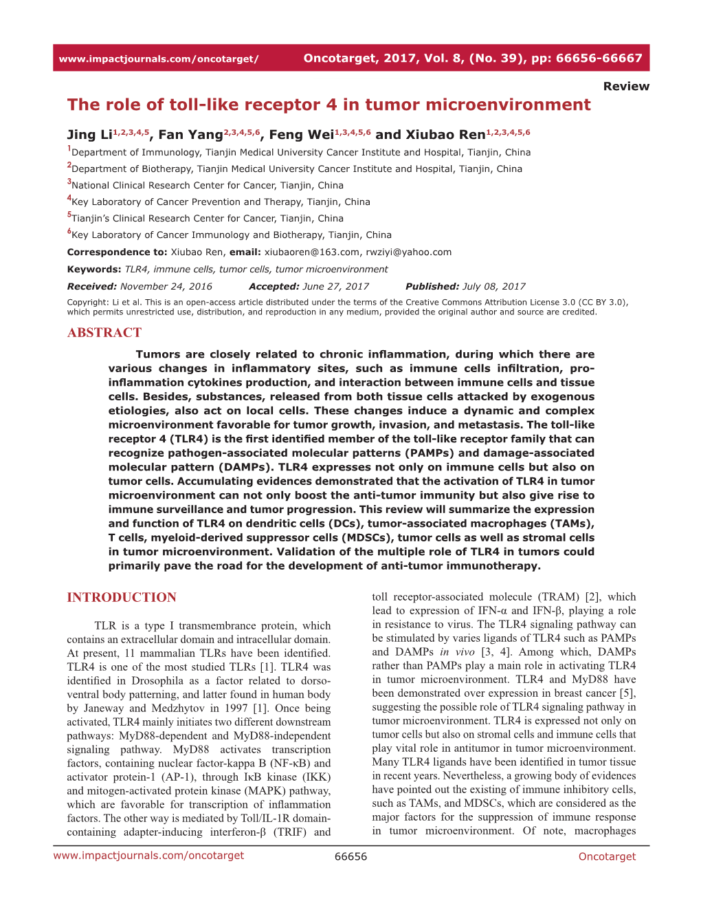 The Role of Toll-Like Receptor 4 in Tumor Microenvironment