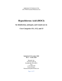 Hypochlorous Acid (Hocl) for Disinfection, Antisepsis, and Wound Care In