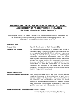 BINDING STATEMENT on the ENVIRONMENTAL IMPACT ASSESSMENT of PROJECT IMPLEMENTATION (Hereinafter Referred to As “Binding Statement”)