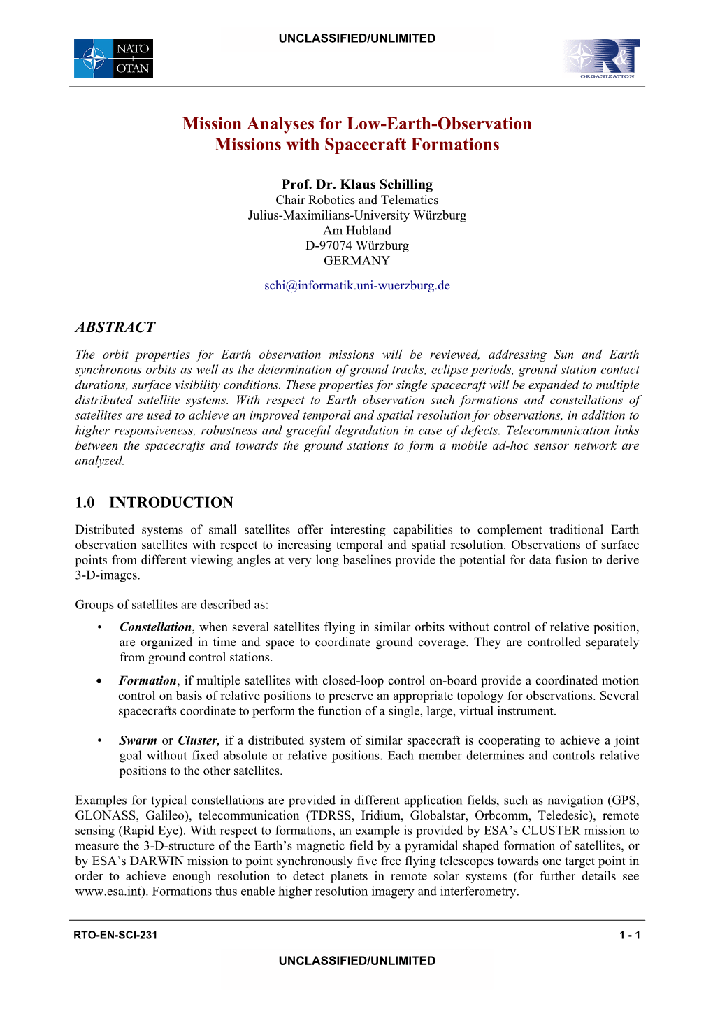 Mission Analyses for Low-Earth-Observation Missions with Spacecraft Formations