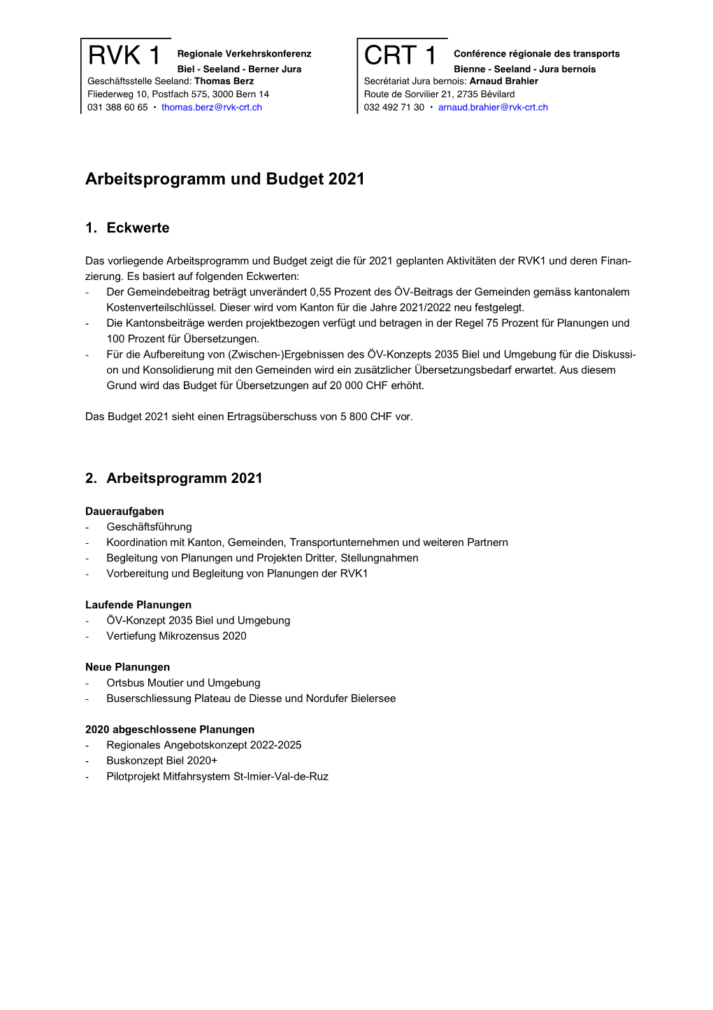 Arbeitsprogramm Und Budget 2021