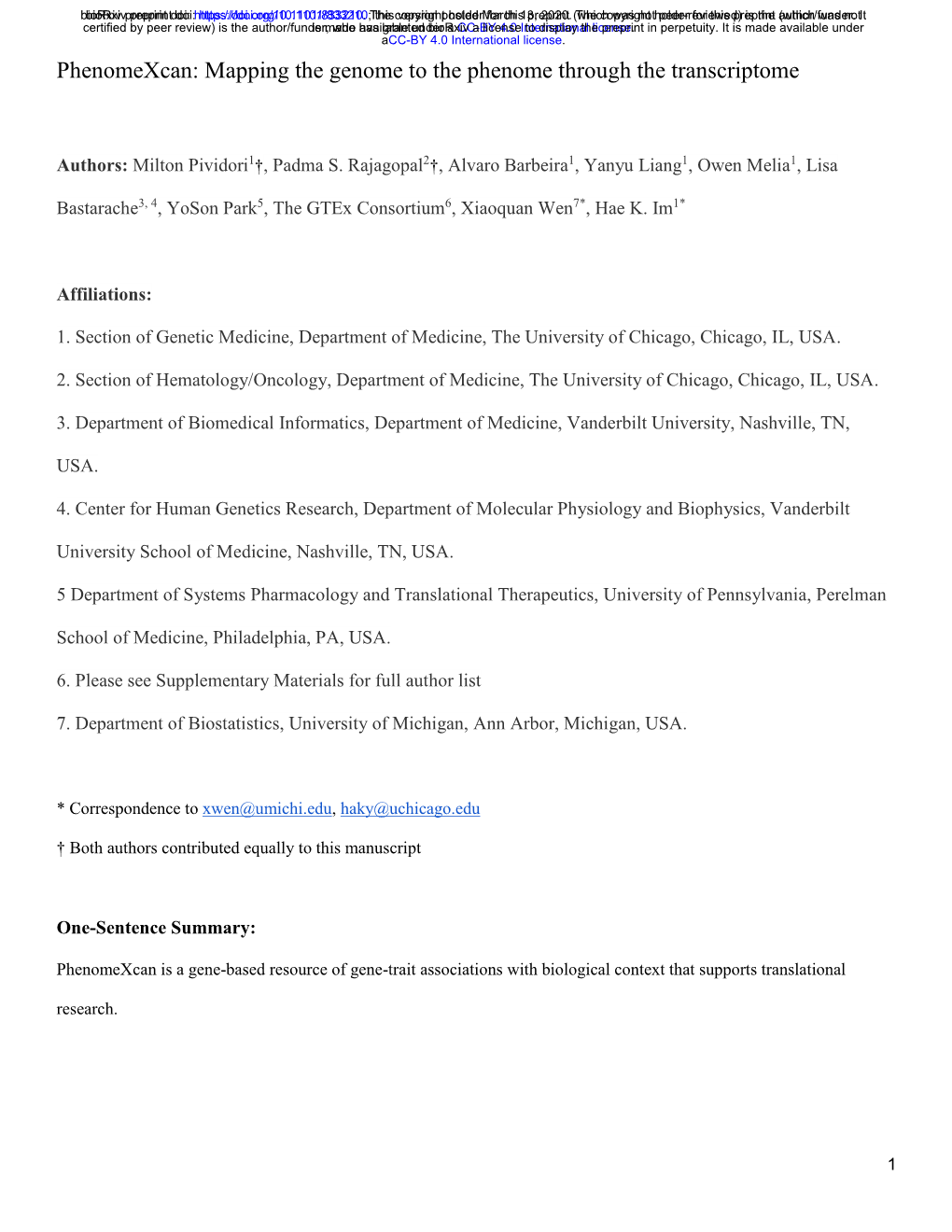 Phenomexcan: Mapping the Genome to the Phenome Through the Transcriptome