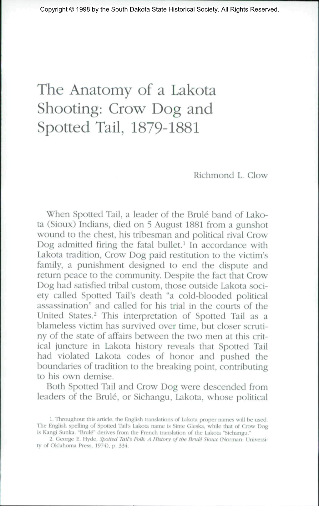 The Anatomy of a Lakota Shooting: Crow Dog and Spotted Tail, 1879-1881