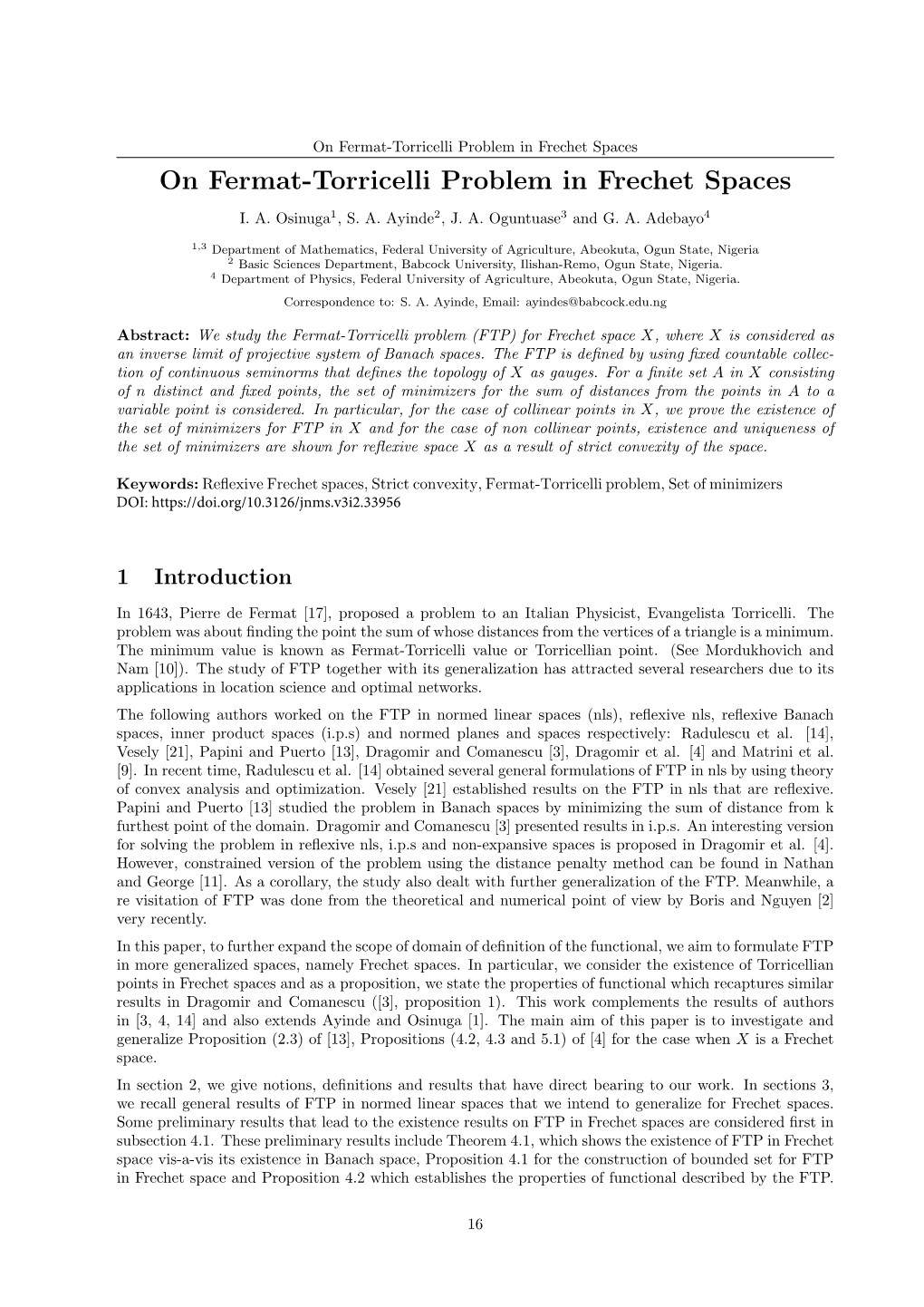 On Fermat-Torricelli Problem in Frechet Spaces on Fermat-Torricelli Problem in Frechet Spaces