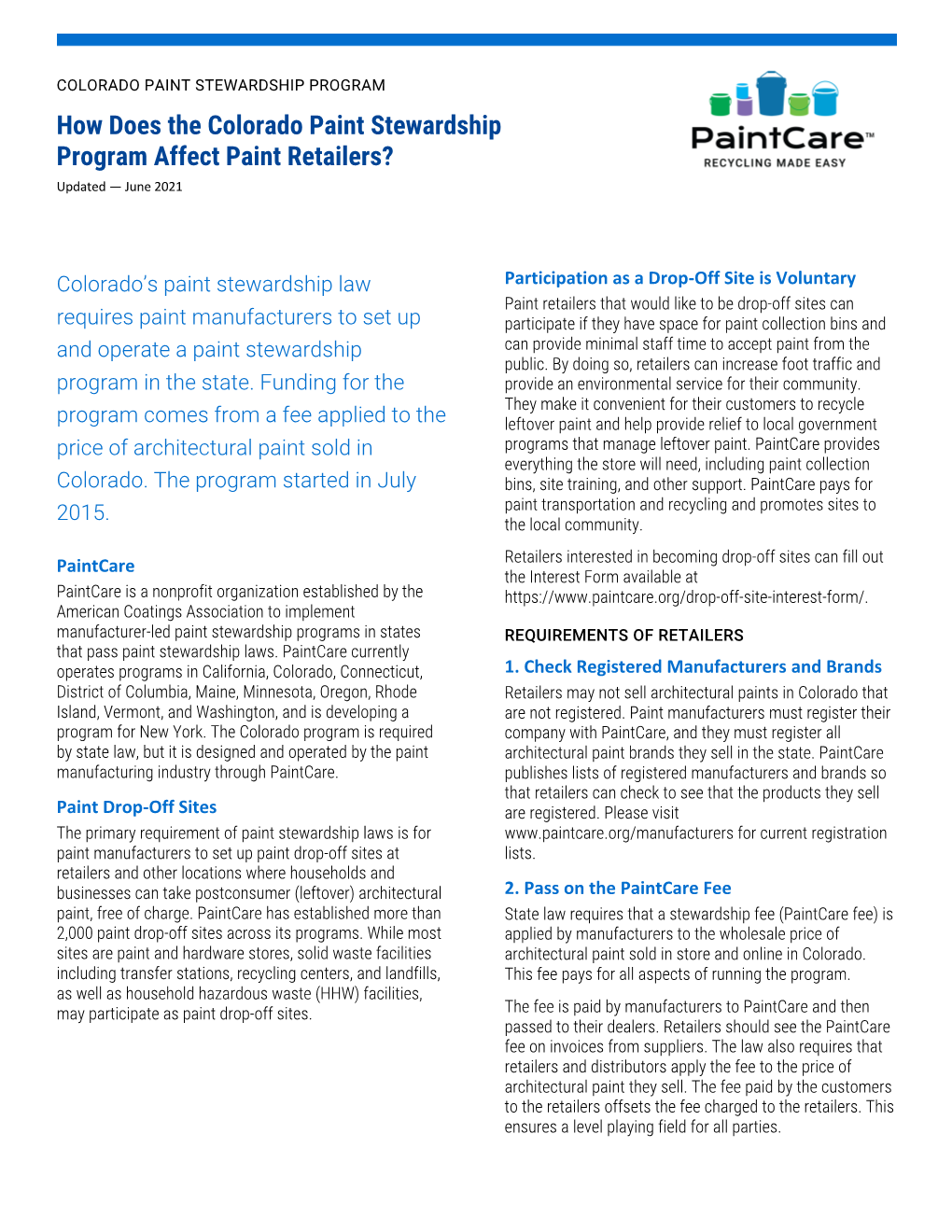 How Does the Colorado Paint Stewardship Program Affect Paint Retailers? Updated — June 2021