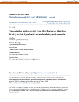 Transmissible Gastroenteritis Virus: Identification of M Protein-Binding Peptide Ligands with Antiviral and Diagnostic Potential" (2013)