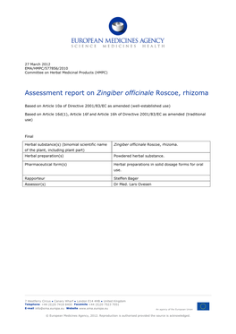 Final Assessment Report on Zingiber Officinale Roscoe, Rhizoma