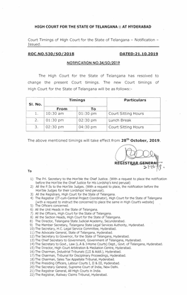 Court Timings of High Court for the State of Telangana - Notification - Issued