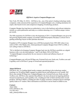 Ziff Davis Acquires Computershopper.Com New York, NY