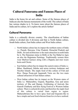 Cultural Panorama and Famous Places of India India Is the Home for Art and Culture