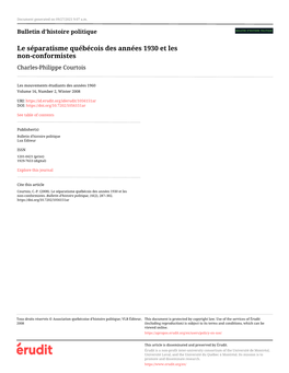 Le Séparatisme Québécois Des Années 1930 Et Les Non-Conformistes Charles-Philippe Courtois