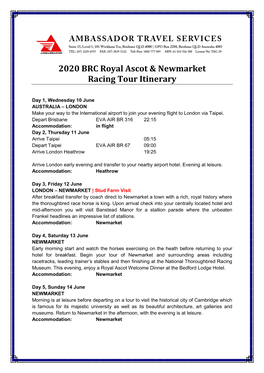 2020 BRC Royal Ascot & Newmarket Racing Tour Itinerary