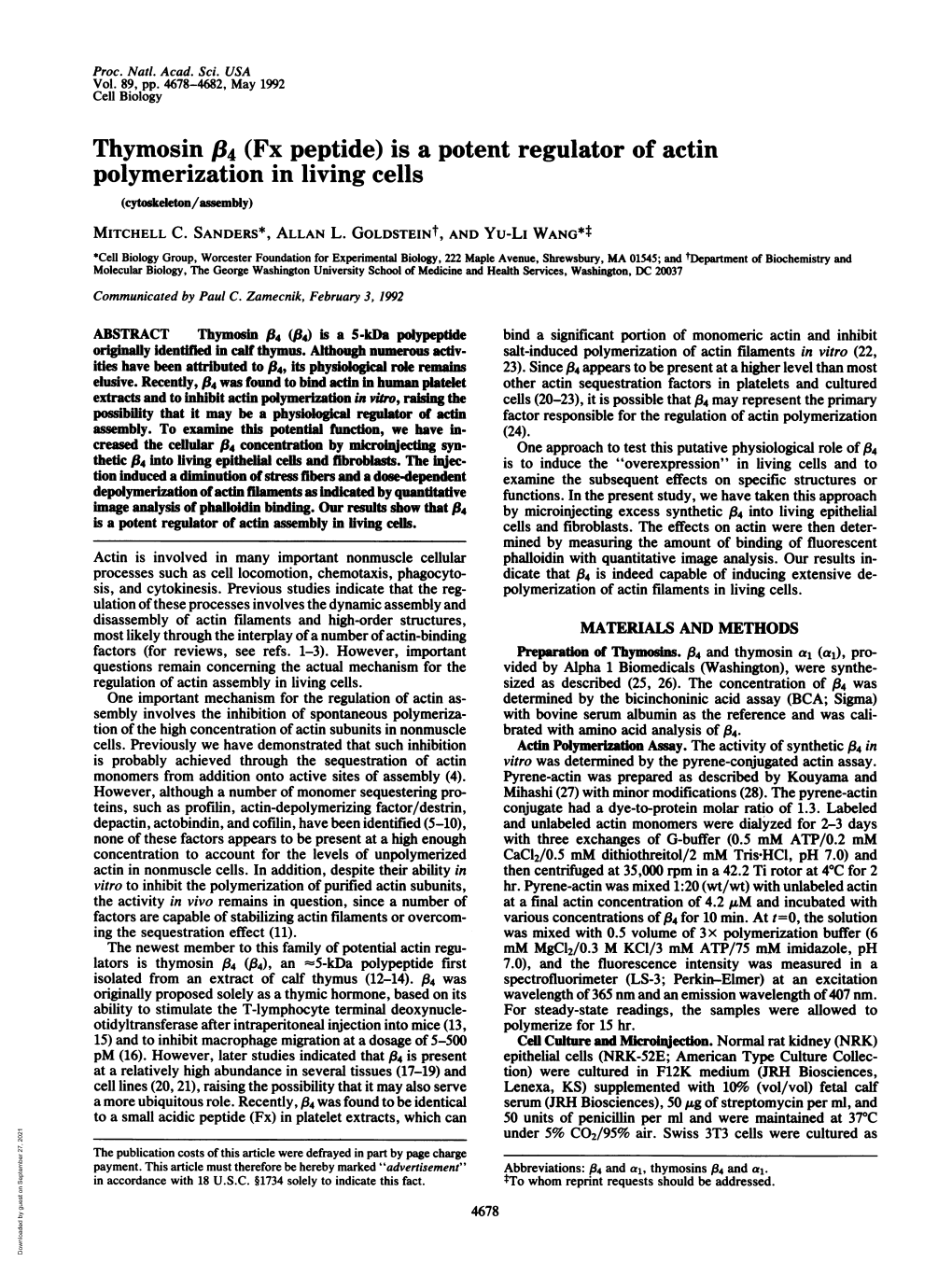 (Fx Peptide) Is a Potent Regulator of Actin Polymerization in Living Cells (Cytoskeleton/Assembbly) MITCHELL C