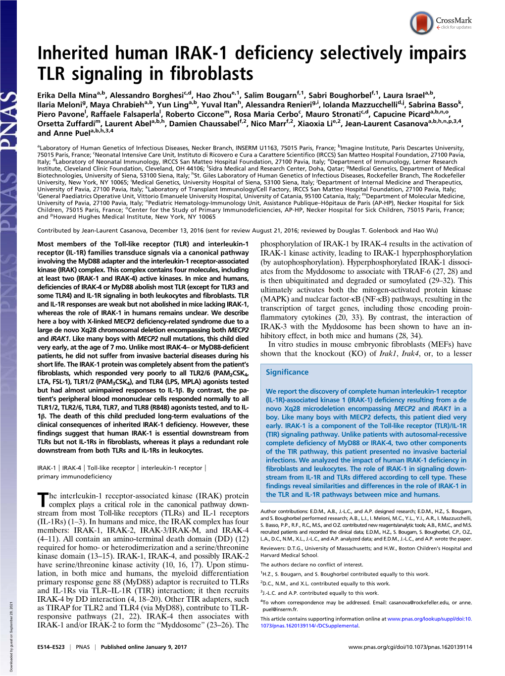 Inherited Human IRAK-1 Deficiency Selectively Impairs TLR Signaling in Fibroblasts