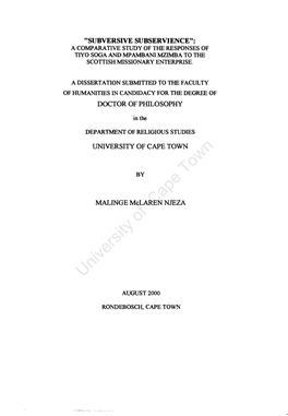 A Comparative Study of the Responses of Tiyo Soga and Mpambani Mzimba to the Scottish Missionary Enterprise