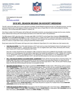 2018 Nfl Season Begins on Kickoff Weekend