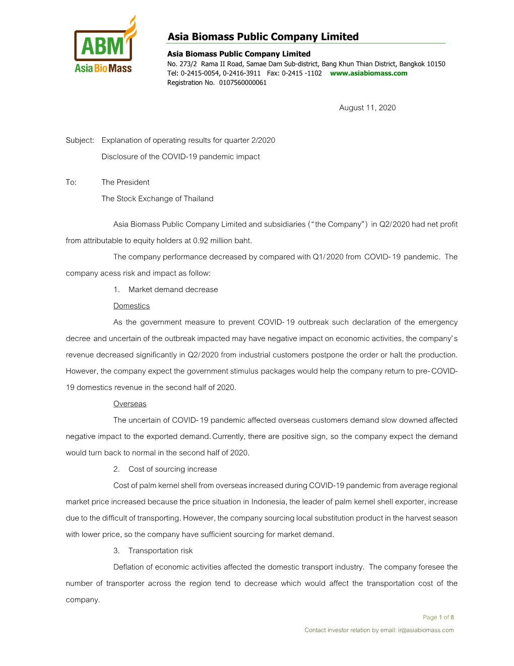 Explanation of Operating Results for Quarter 2/2020 Disclosure of the COVID-19 Pandemic Impact