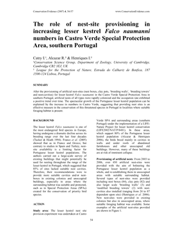 The Role of Nest-Site Provisioning in Increasing Lesser Kestrel Falco Naumanni Numbers in Castro Verde Special Protection Area, Southern Portugal