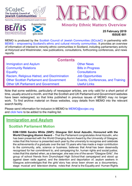 MEMO Is Produced by the Scottish Council of Jewish Communities (Scojec) in Partnership with BEMIS – Empowering Scotland's Ethnic and Cultural Minority Communities