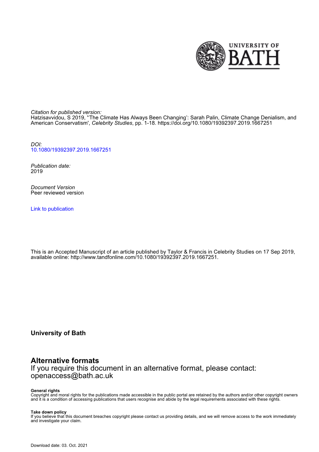 Alternative Formats If You Require This Document in an Alternative Format, Please Contact: Openaccess@Bath.Ac.Uk