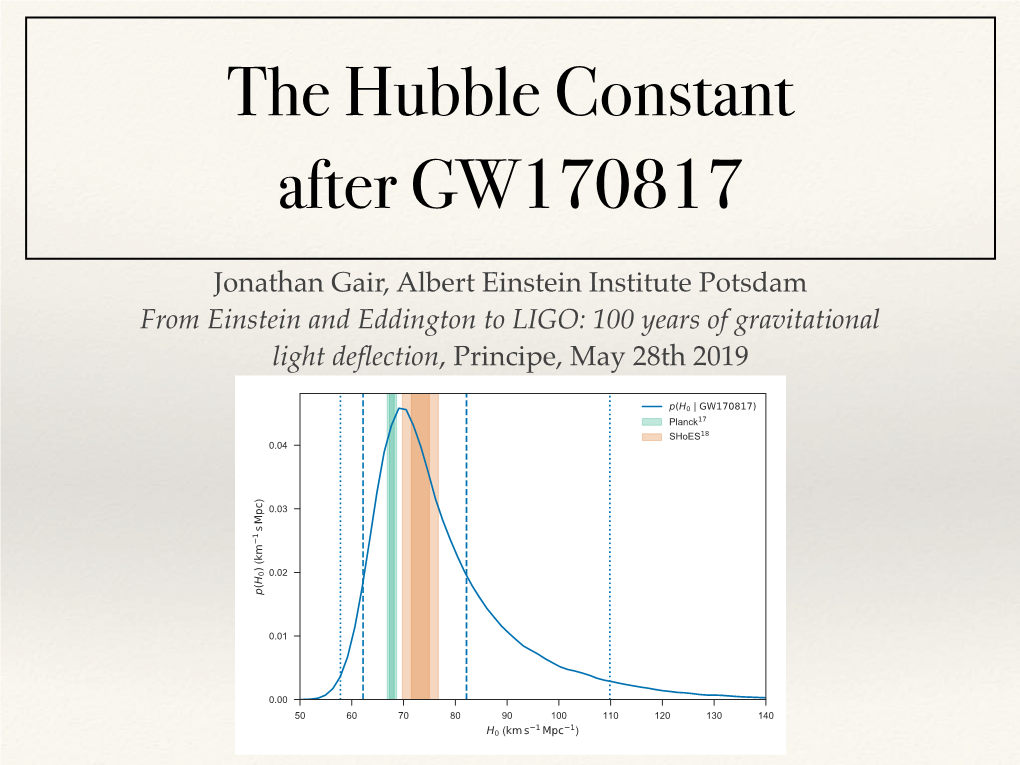 Jonathan Gair, Albert Einstein Institute Potsdam from Einstein and Eddington to LIGO: 100 Years of Gravitational Light Deﬂection, Principe, May 28Th 2019 Talk Outline