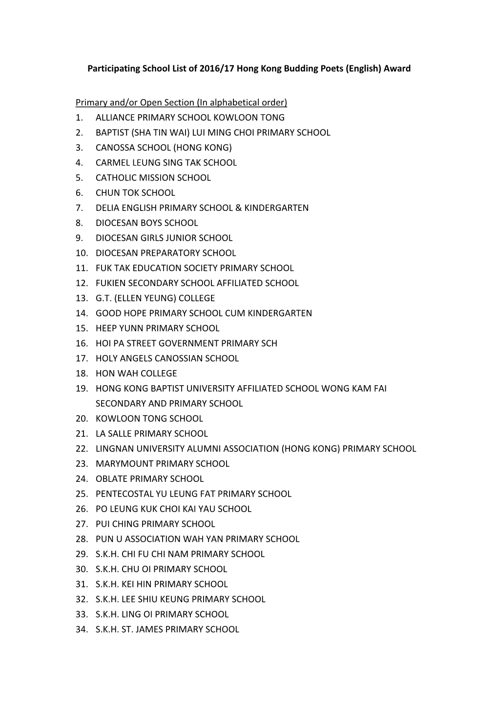 Participating School List of 2016/17 Hong Kong Budding Poets (English) Award