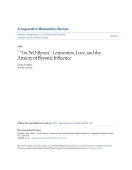 Lermontov, Love, and the Anxiety of Byronic Influence Diana Koretsky Bucknell University