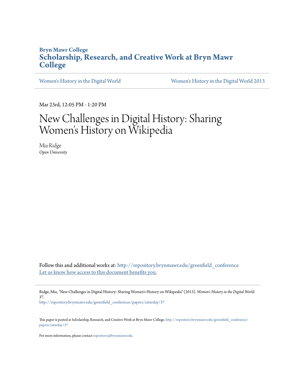 Sharing Women's History on Wikipedia Mia Ridge Open University