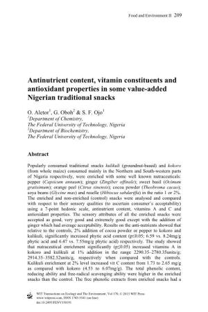 Antinutrient Content, Vitamin Constituents and Antioxidant Properties in Some Value-Added Nigerian Traditional Snacks