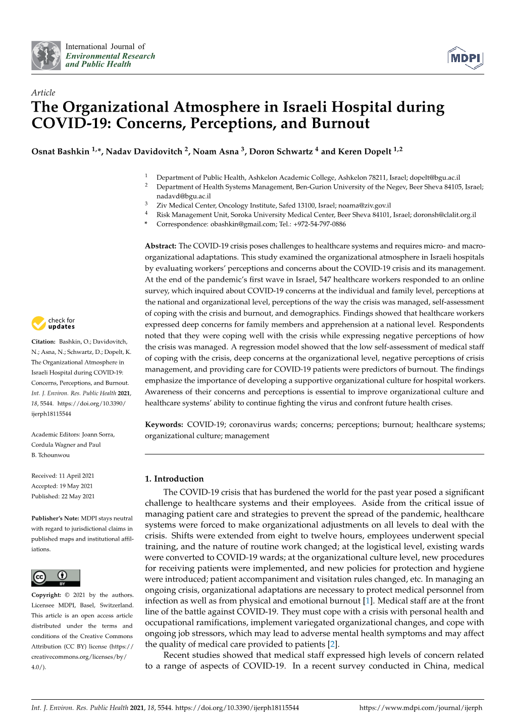 The Organizational Atmosphere in Israeli Hospital During COVID-19: Concerns, Perceptions, and Burnout