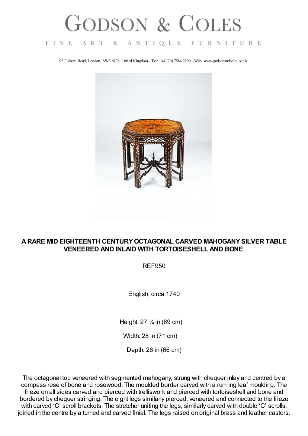 A Rare Mid Eighteenth Century Octagonal Carved Mahogany Silver Table Veneered and Inlaid with Tortoiseshell and Bone